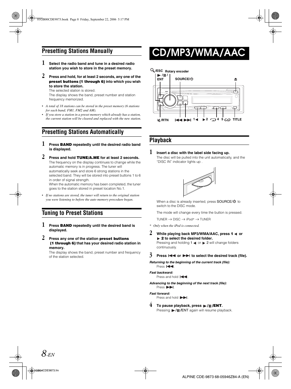 Cd/mp3/wma/aac, Presetting stations manually, Presetting stations automatically | Tuning to preset stations, Playback | Alpine CDE-9873 User Manual | Page 10 / 88
