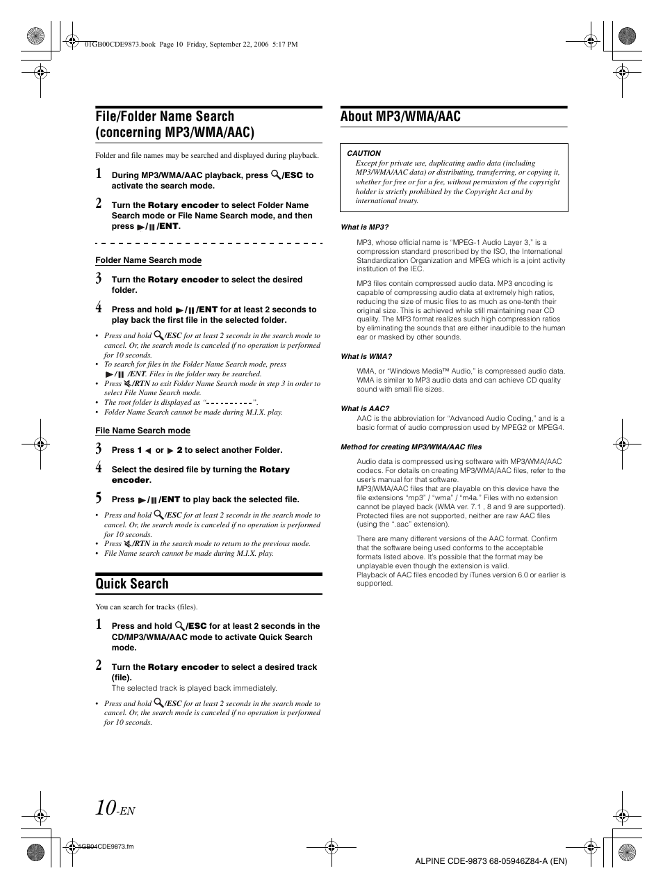 File/folder name search (concerning mp3/wma/aac), Quick search, About mp3/wma/aac | Alpine CDE-9873 User Manual | Page 12 / 88