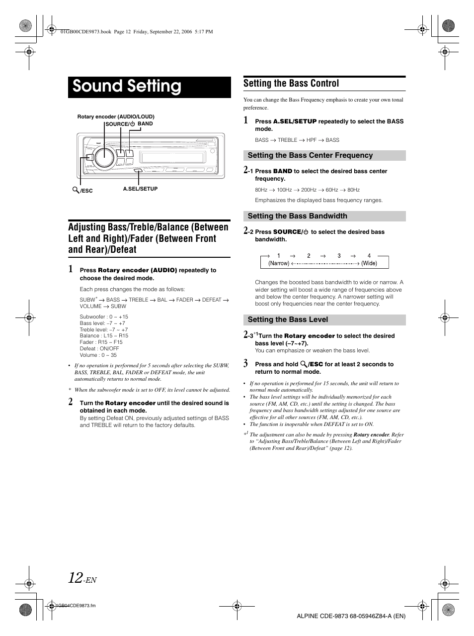 Sound setting, Setting the bass control | Alpine CDE-9873 User Manual | Page 14 / 88