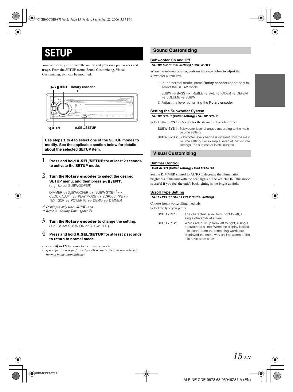Setup | Alpine CDE-9873 User Manual | Page 17 / 88