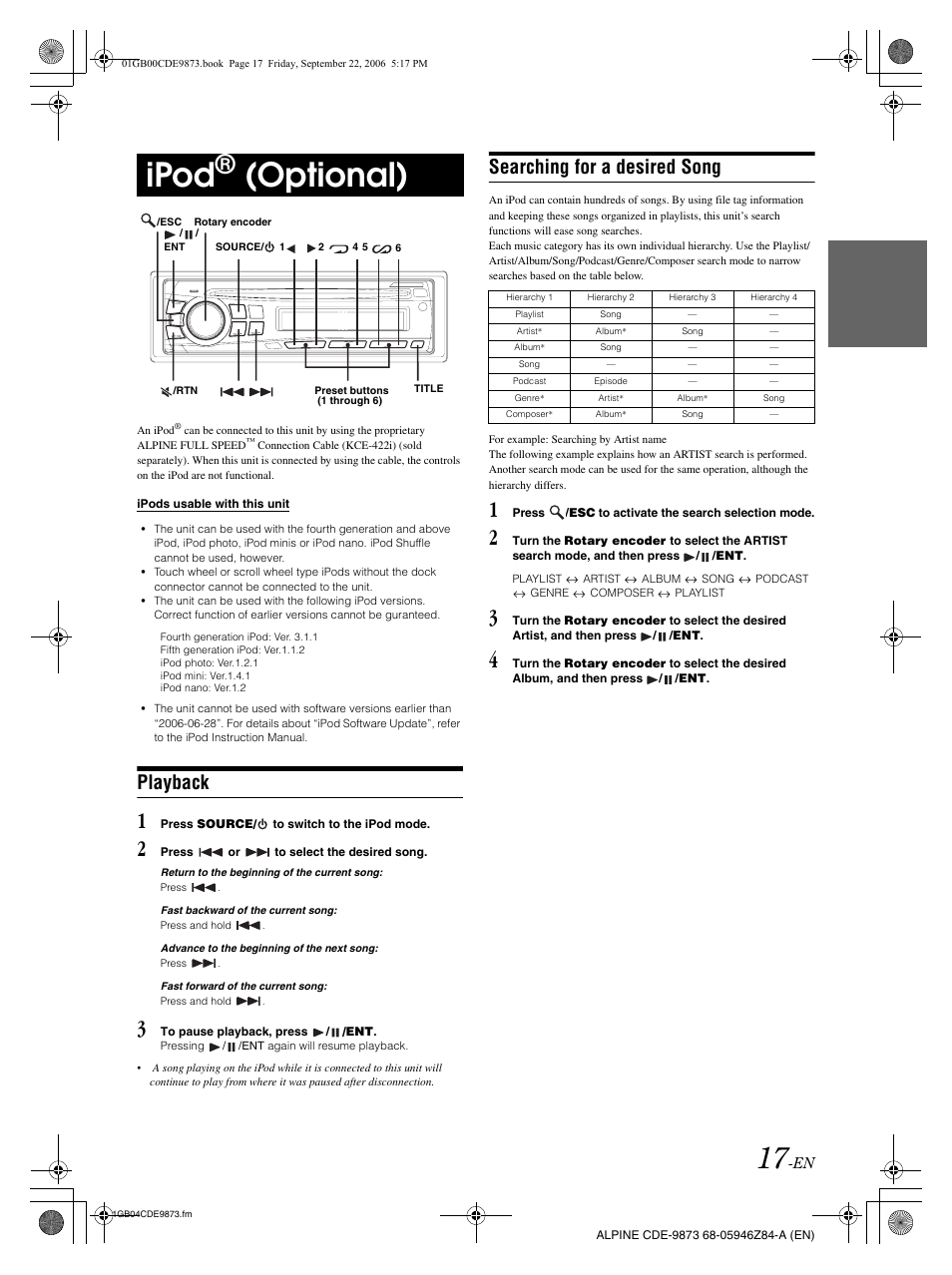 Ipod, Optional), Playback | Searching for a desired song | Alpine CDE-9873 User Manual | Page 19 / 88
