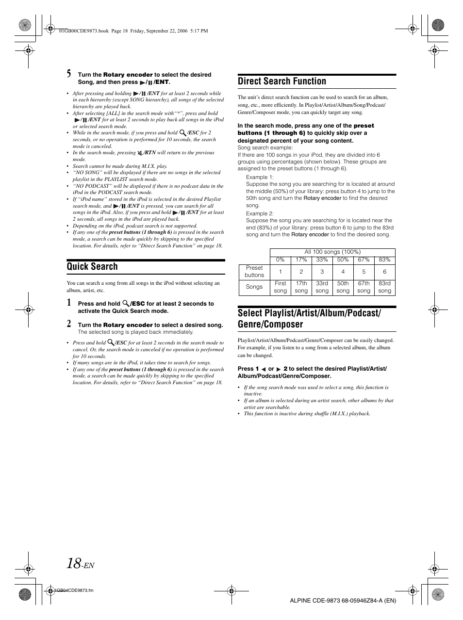 Quick search, Direct search function | Alpine CDE-9873 User Manual | Page 20 / 88