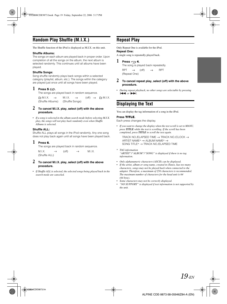 Random play shuffle (m.i.x.), Repeat play, Displaying the text | Alpine CDE-9873 User Manual | Page 21 / 88