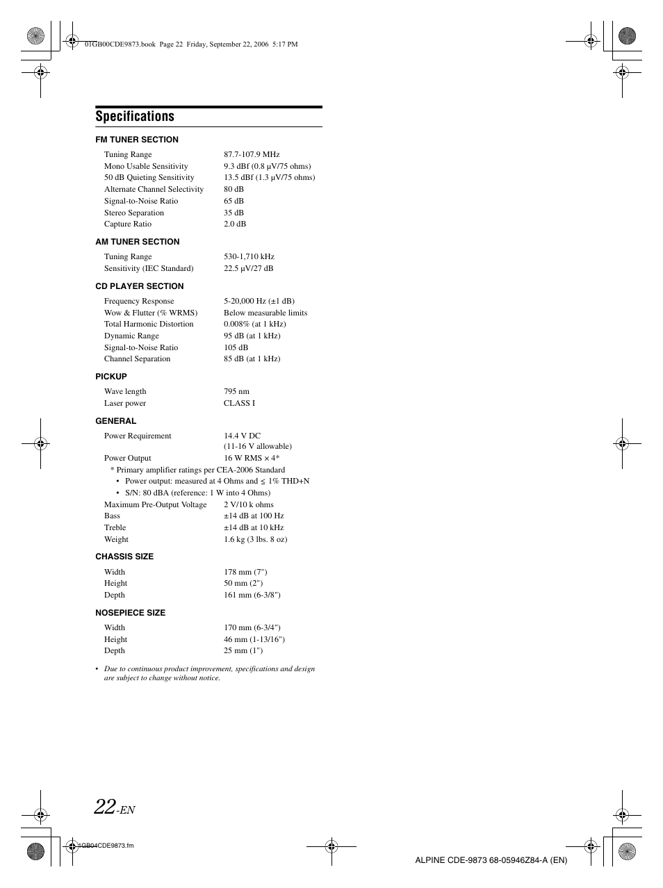 Specifications | Alpine CDE-9873 User Manual | Page 24 / 88
