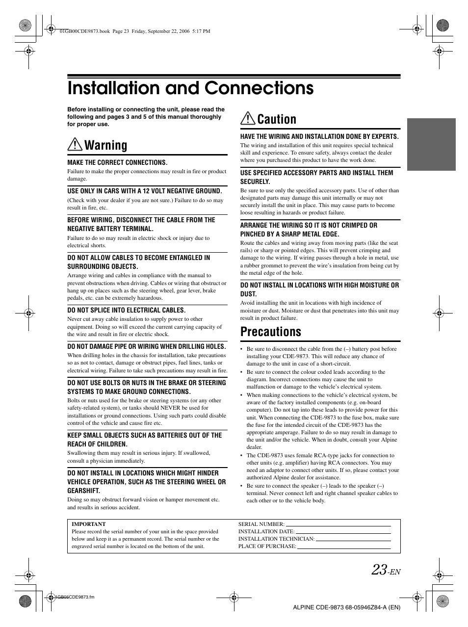 Installation and connections, Warning, Caution | Precautions | Alpine CDE-9873 User Manual | Page 25 / 88