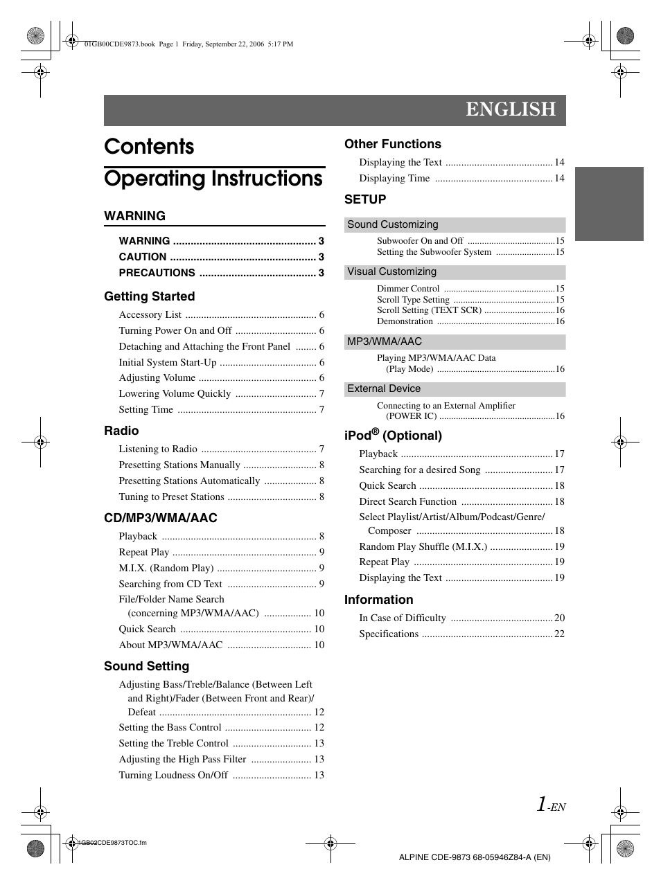 Contents operating instructions, English | Alpine CDE-9873 User Manual | Page 3 / 88