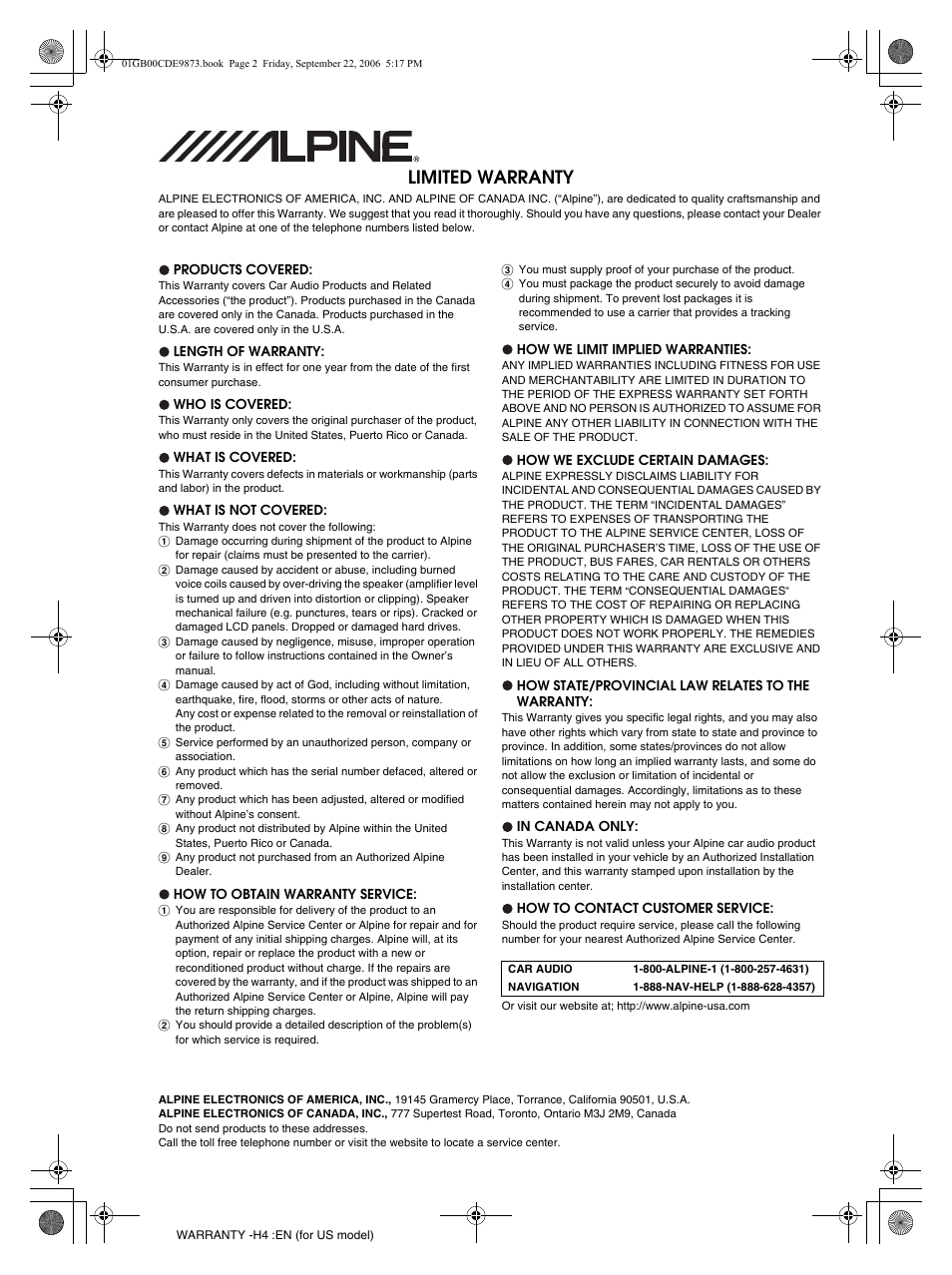 Limited warranty | Alpine CDE-9873 User Manual | Page 31 / 88