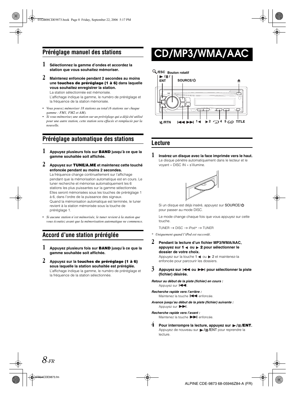 Cd/mp3/wma/aac, Préréglage manuel des stations, Préréglage automatique des stations | Accord d’une station préréglée, Lecture | Alpine CDE-9873 User Manual | Page 39 / 88