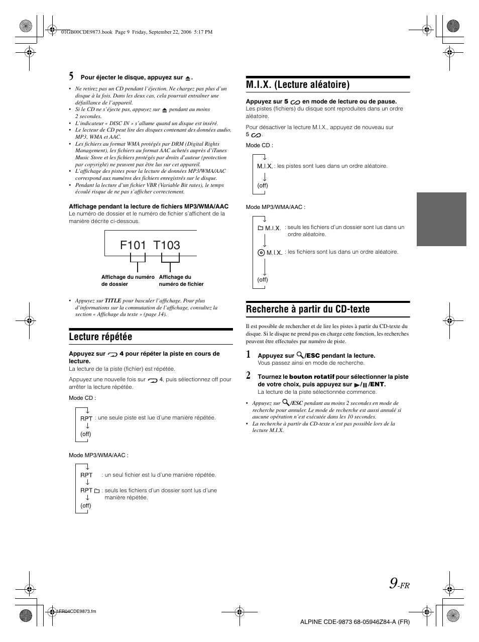 Lecture répétée, M.i.x. (lecture aléatoire), Recherche à partir du cd-texte | Alpine CDE-9873 User Manual | Page 40 / 88