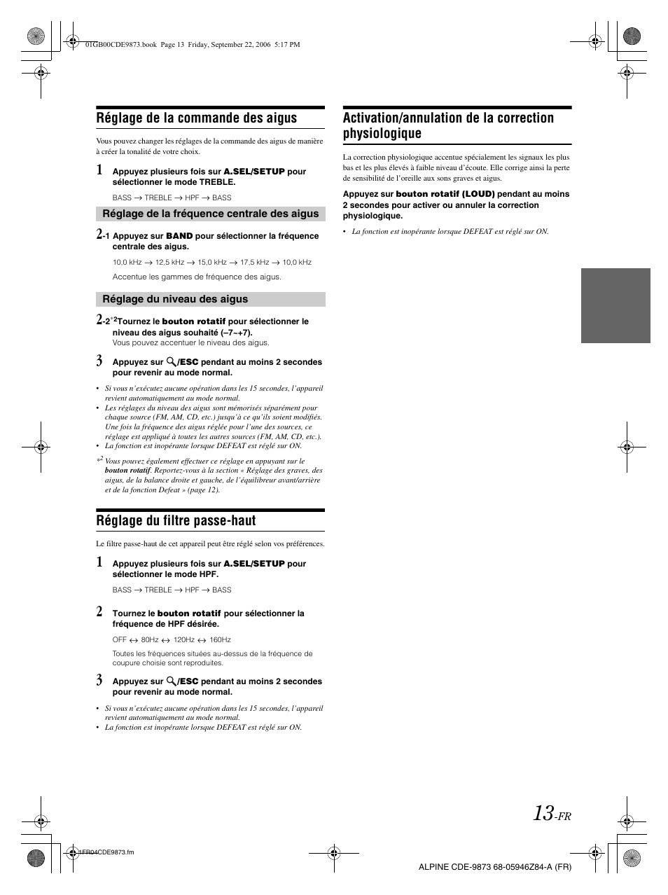 Réglage de la commande des aigus, Réglage du filtre passe-haut | Alpine CDE-9873 User Manual | Page 44 / 88