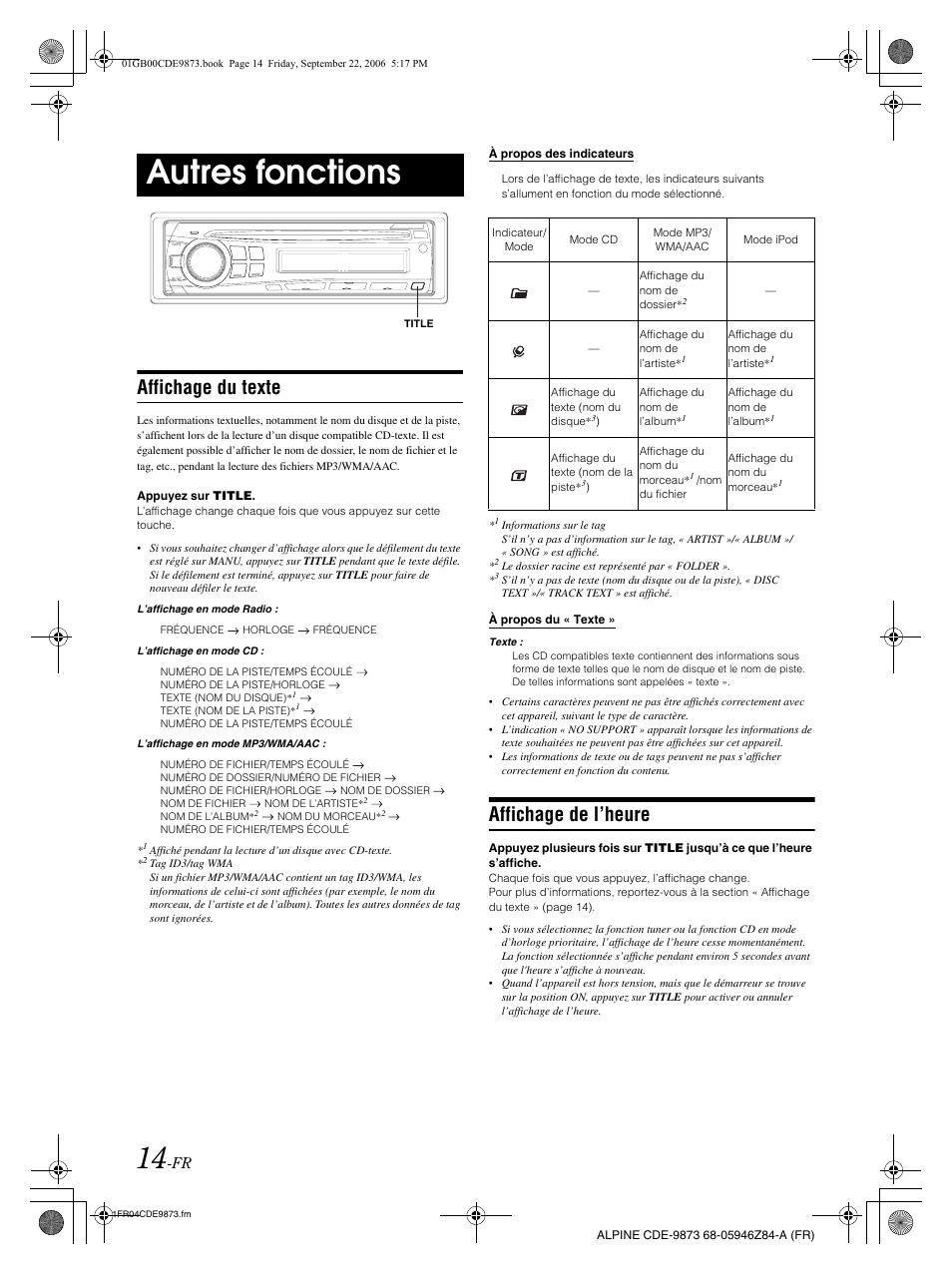 Autres fonctions, Affichage du texte, Affichage de l’heure | Alpine CDE-9873 User Manual | Page 45 / 88