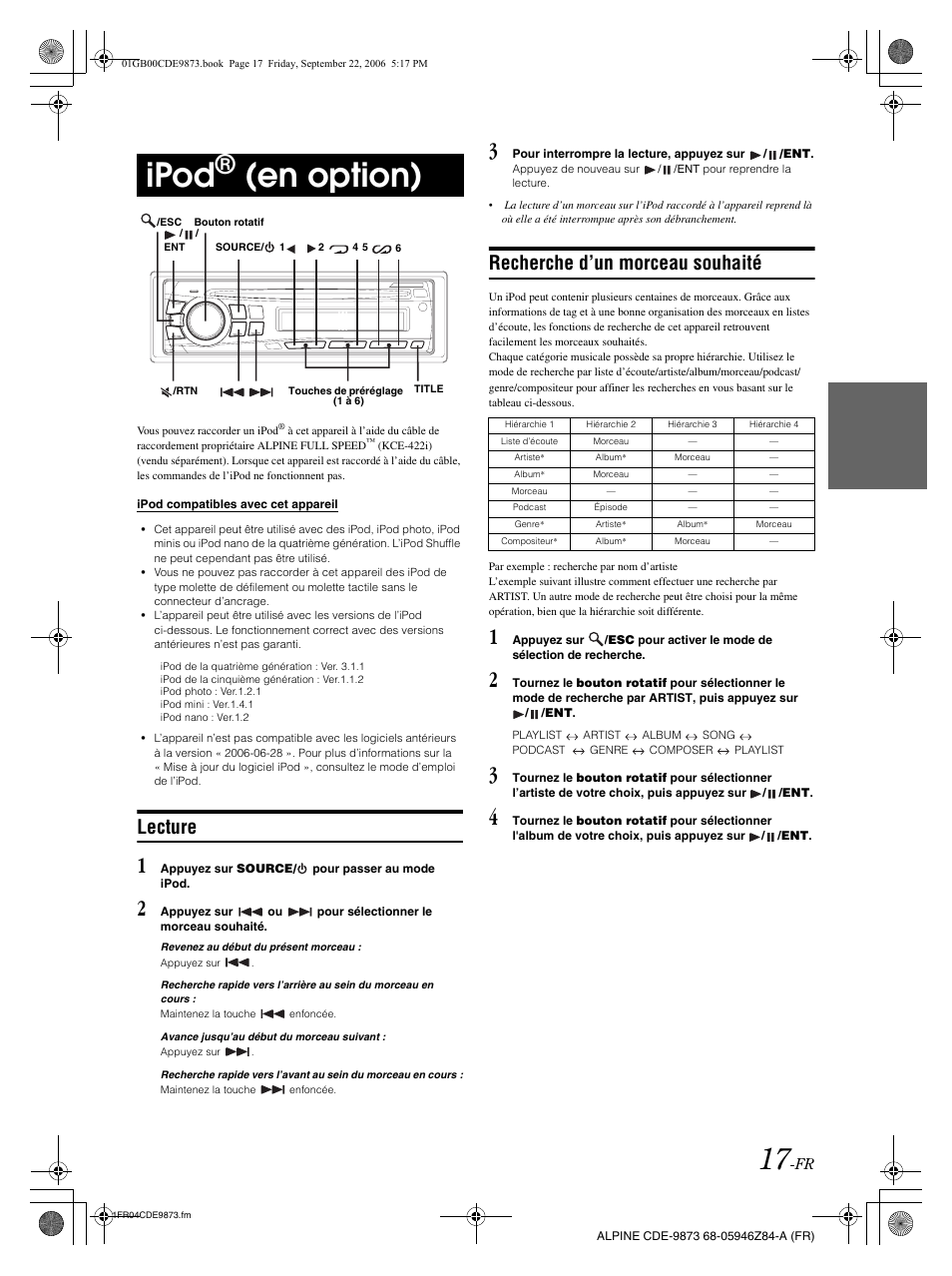 Ipod, En option), Lecture | Recherche d’un morceau souhaité | Alpine CDE-9873 User Manual | Page 48 / 88