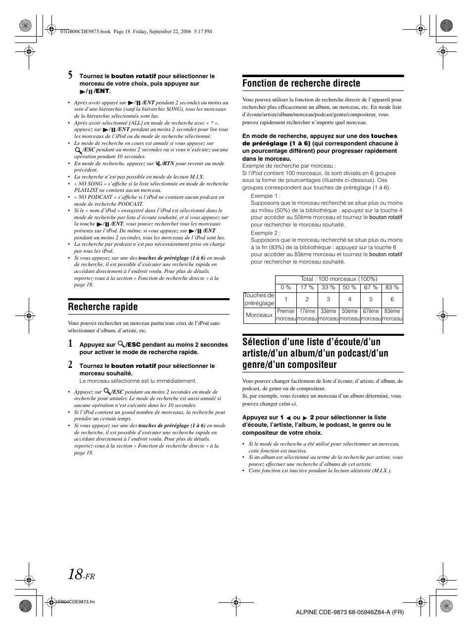 Recherche rapide, Fonction de recherche directe | Alpine CDE-9873 User Manual | Page 49 / 88