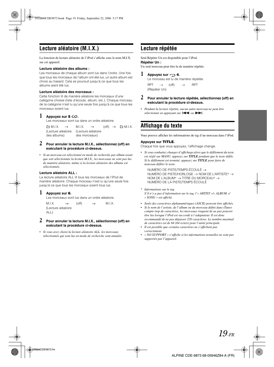 Lecture aléatoire (m.i.x.), Lecture répétée, Affichage du texte | Alpine CDE-9873 User Manual | Page 50 / 88