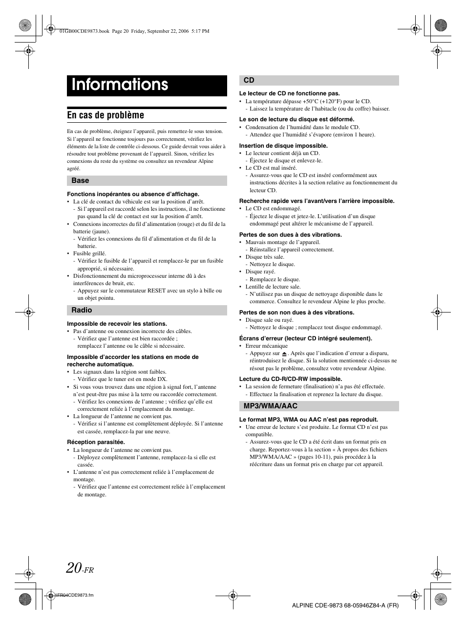 Informations, En cas de problème | Alpine CDE-9873 User Manual | Page 51 / 88