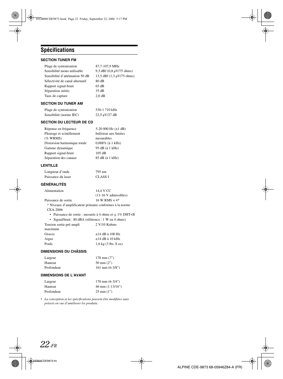 Spécifications | Alpine CDE-9873 User Manual | Page 53 / 88