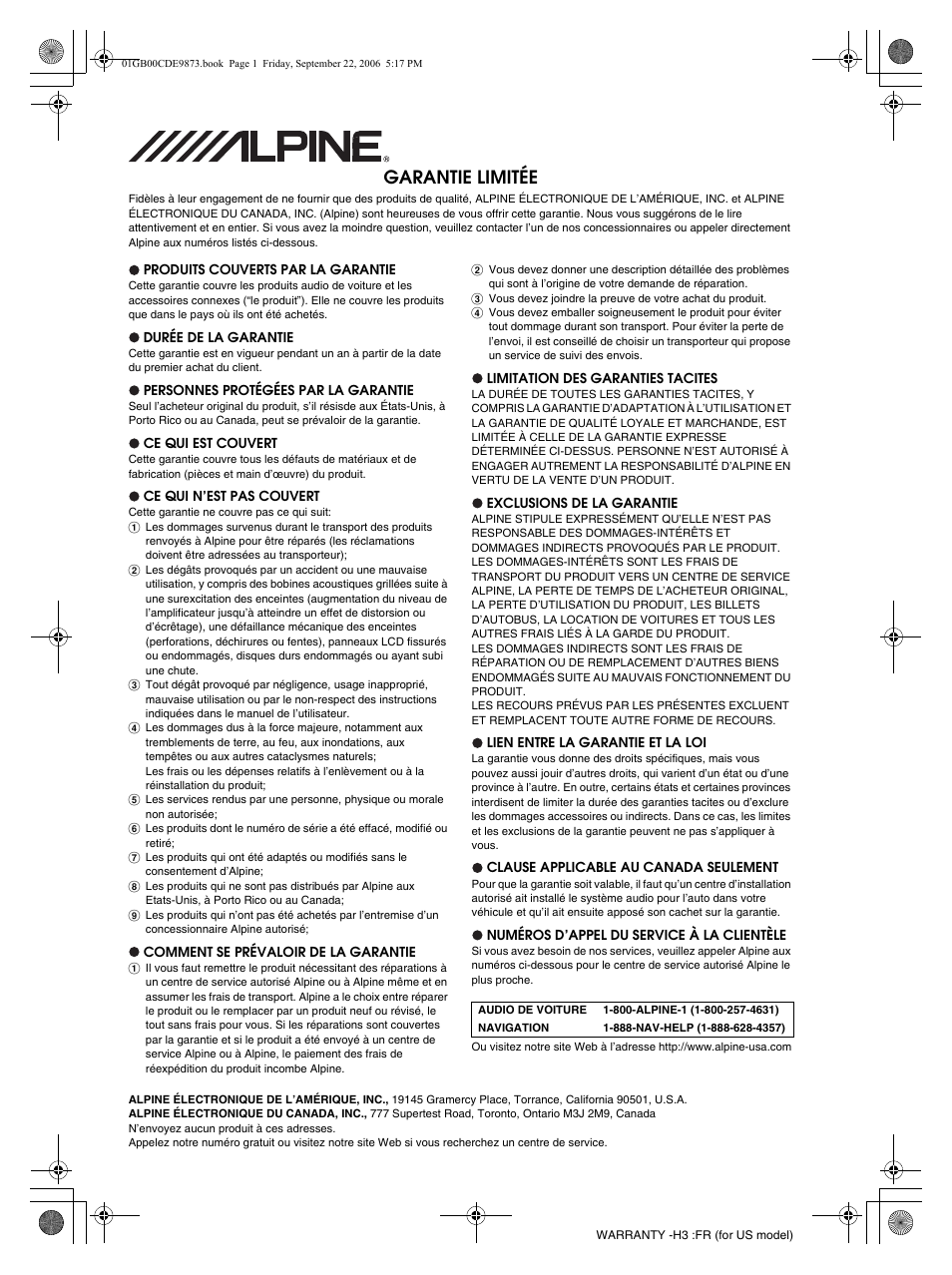 Garantie limitée | Alpine CDE-9873 User Manual | Page 60 / 88