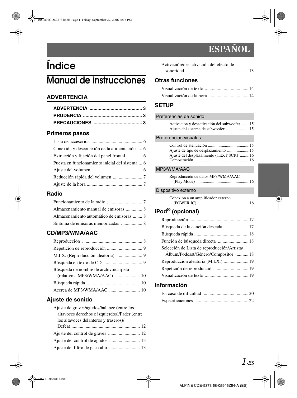Índice manual de instrucciones, Español | Alpine CDE-9873 User Manual | Page 61 / 88