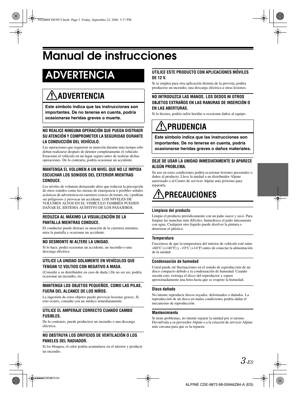 Manual de instrucciones, Advertencia, Precauciones | Prudencia | Alpine CDE-9873 User Manual | Page 63 / 88