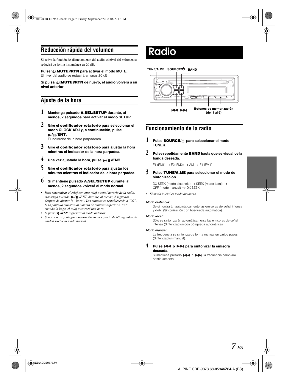 Radio, Reducción rápida del volumen, Ajuste de la hora | Funcionamiento de la radio | Alpine CDE-9873 User Manual | Page 67 / 88