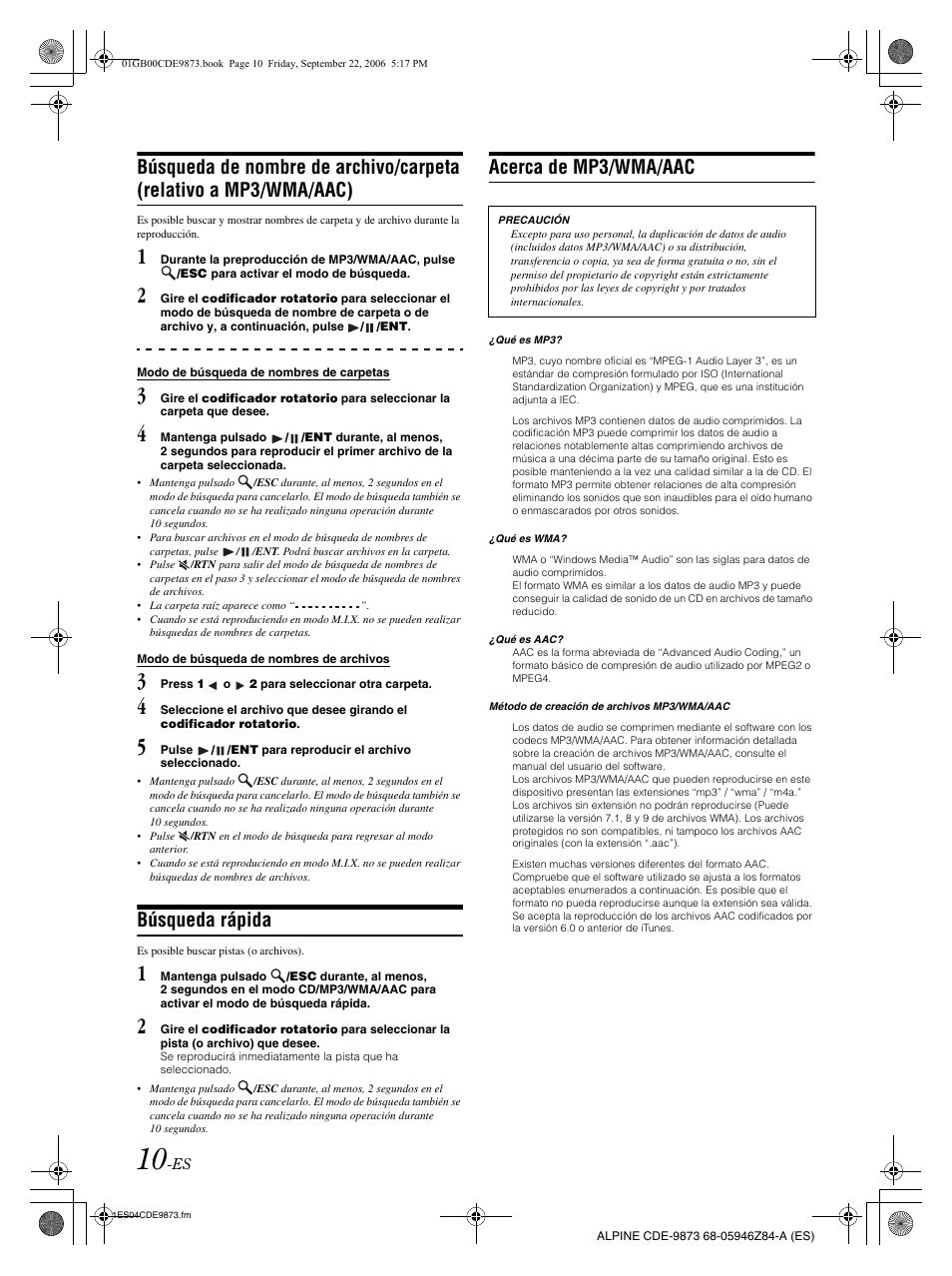 Búsqueda rápida, Acerca de mp3/wma/aac | Alpine CDE-9873 User Manual | Page 70 / 88