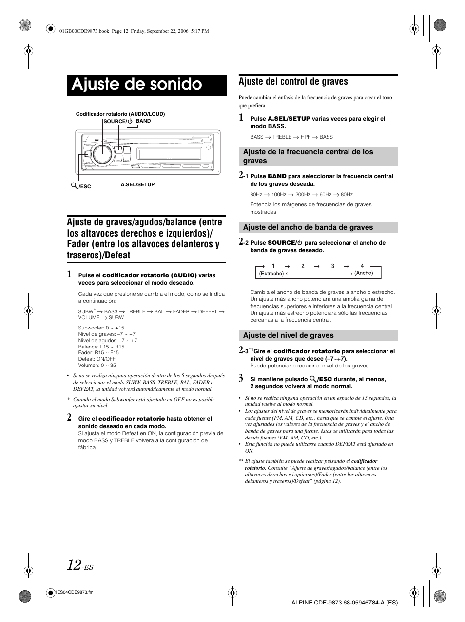 Ajuste de sonido, Ajuste del control de graves | Alpine CDE-9873 User Manual | Page 72 / 88
