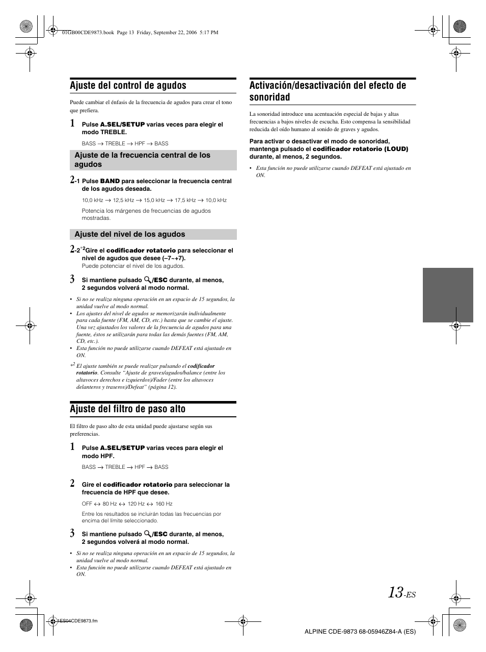 Ajuste del control de agudos, Ajuste del filtro de paso alto, Activación/desactivación del efecto de sonoridad | Alpine CDE-9873 User Manual | Page 73 / 88