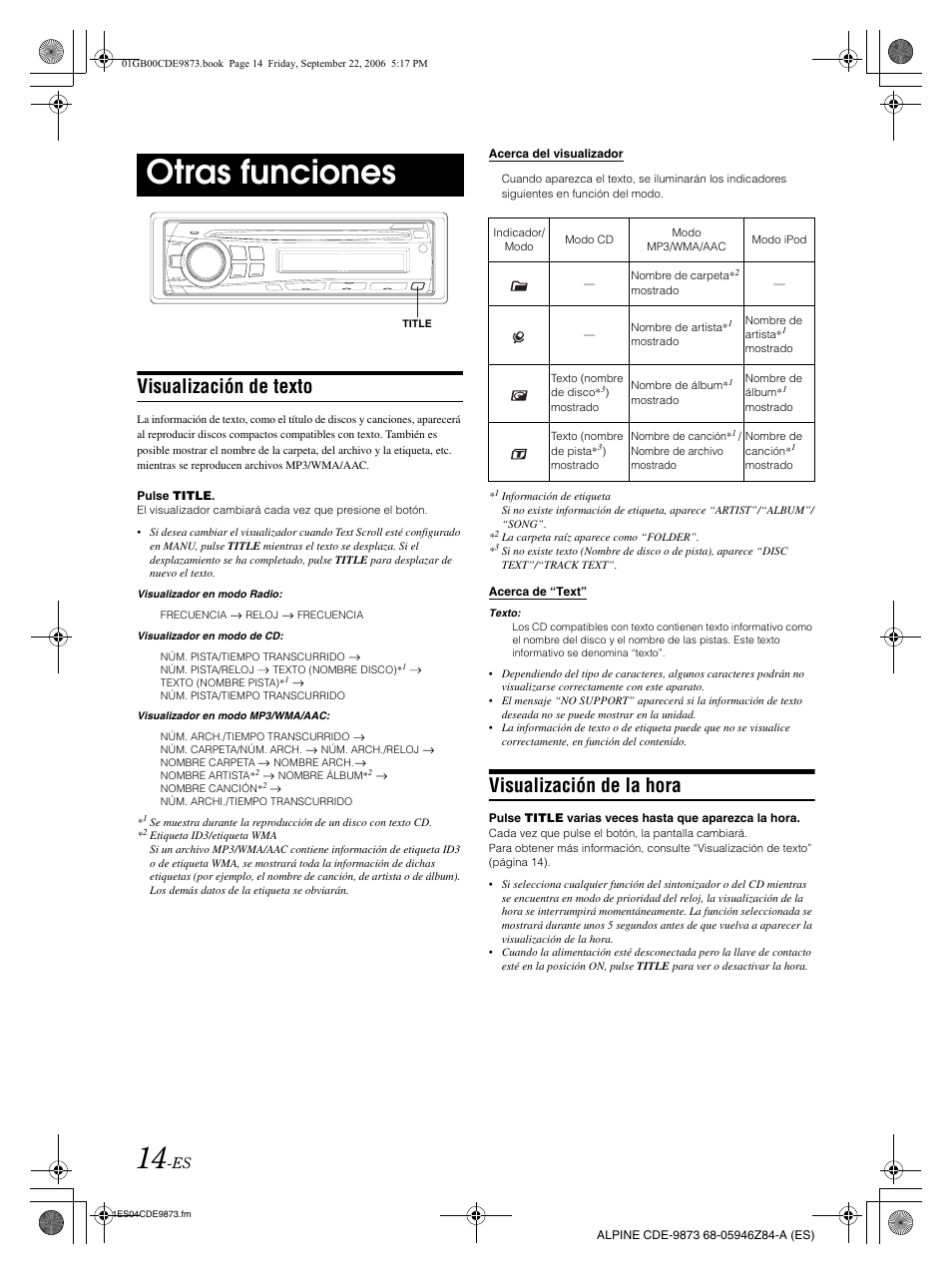 Otras funciones, Visualización de texto, Visualización de la hora | Alpine CDE-9873 User Manual | Page 74 / 88