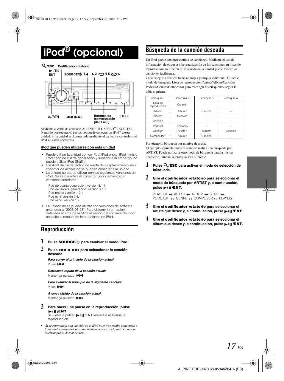Ipod, Opcional), Reproducción | Búsqueda de la canción deseada | Alpine CDE-9873 User Manual | Page 77 / 88