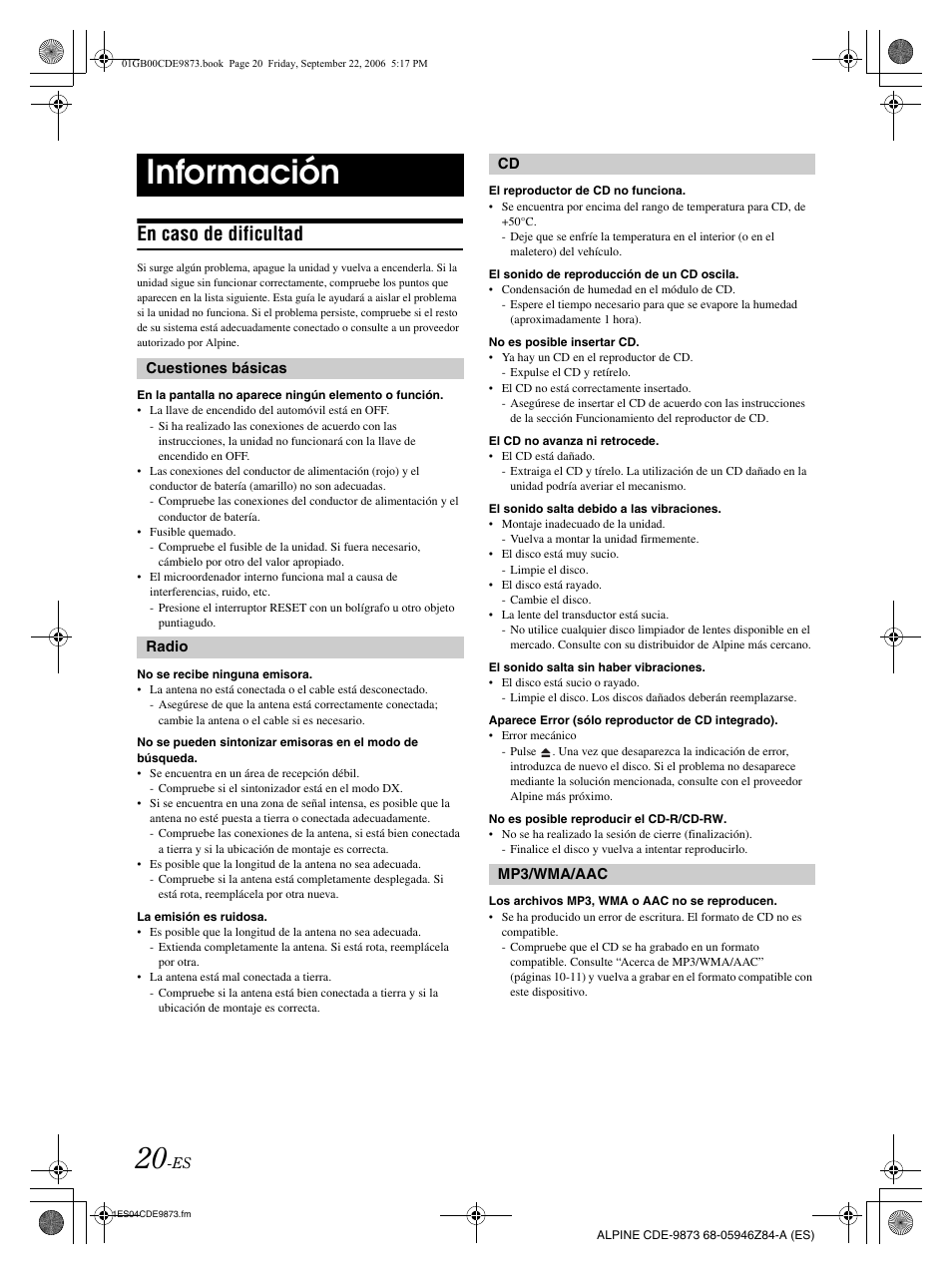 Información, En caso de dificultad | Alpine CDE-9873 User Manual | Page 80 / 88