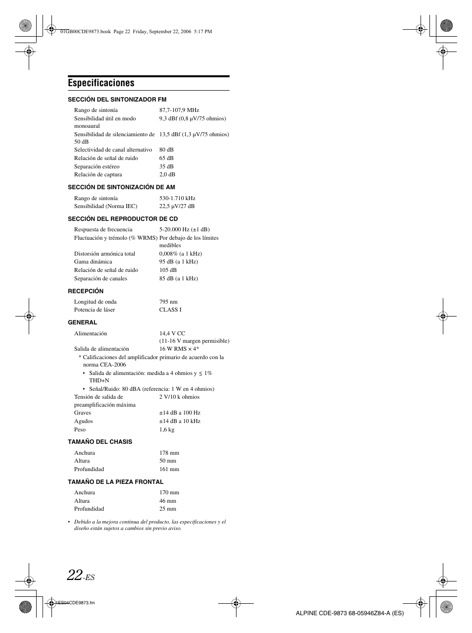 Especificaciones | Alpine CDE-9873 User Manual | Page 82 / 88