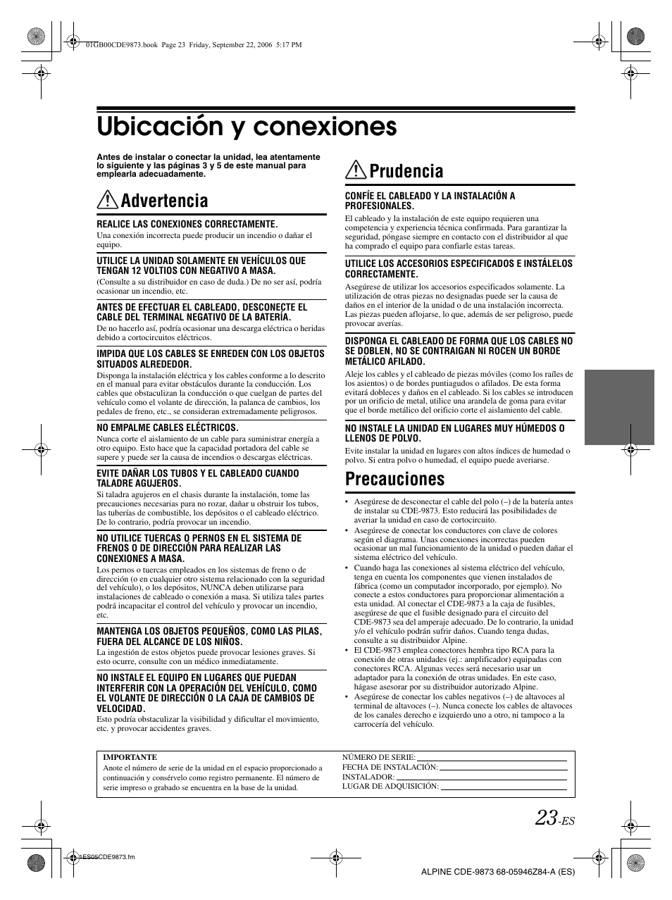 Ubicación y conexiones, Advertencia, Prudencia | Precauciones | Alpine CDE-9873 User Manual | Page 83 / 88