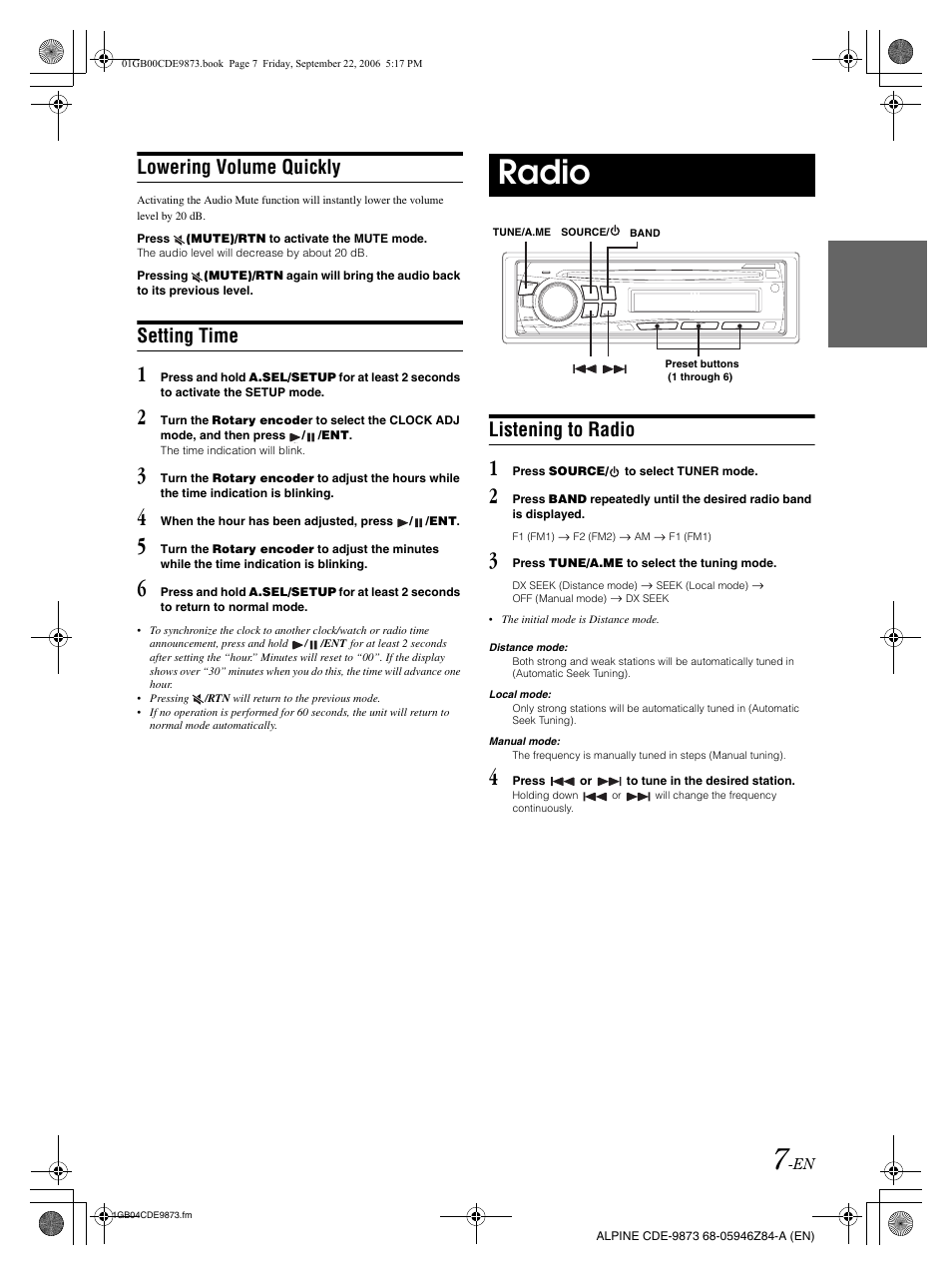 Radio, Lowering volume quickly, Setting time | Listening to radio | Alpine CDE-9873 User Manual | Page 9 / 88