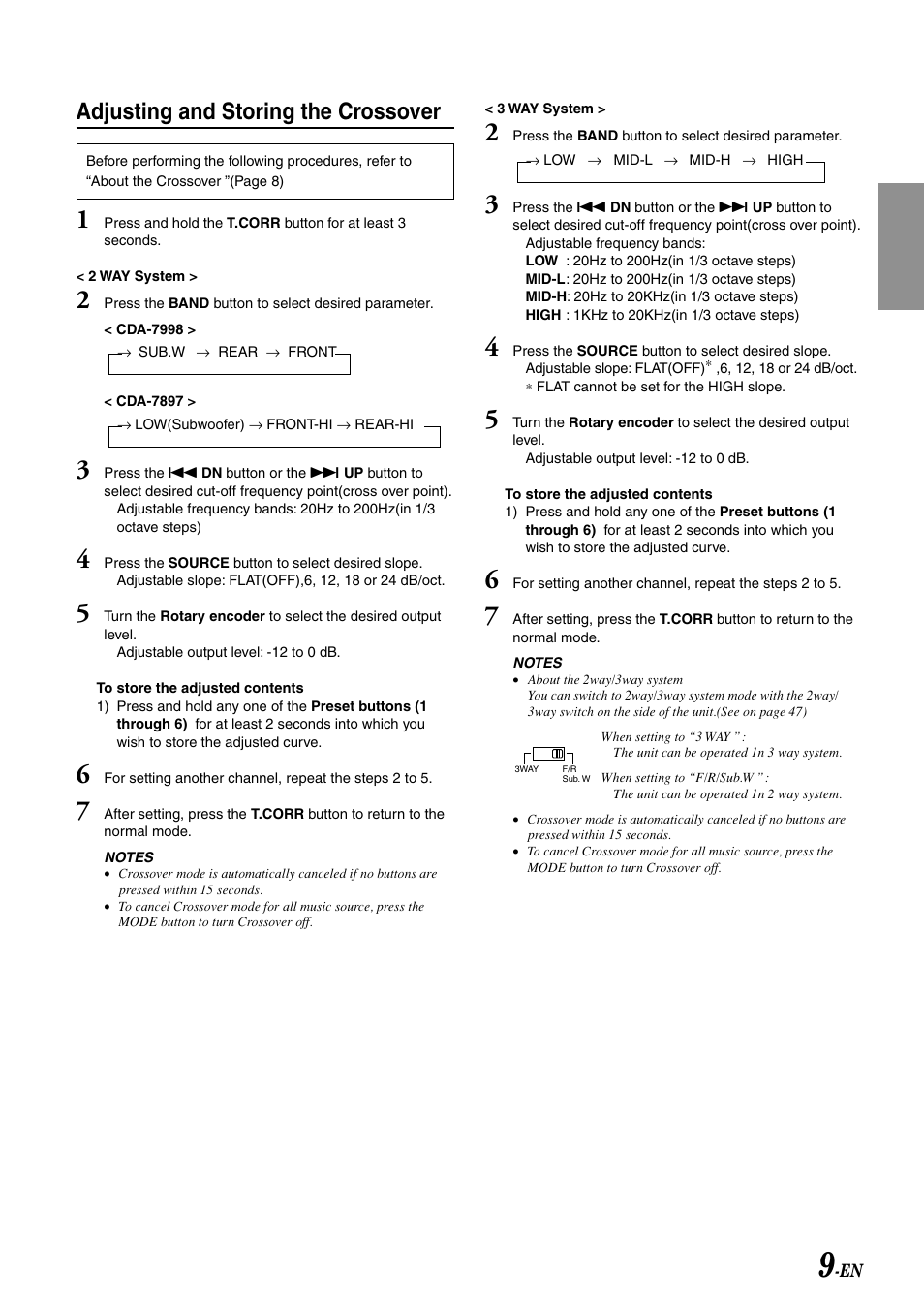 Adjusting and storing the crossover | Alpine CDA-7998 User Manual | Page 11 / 52