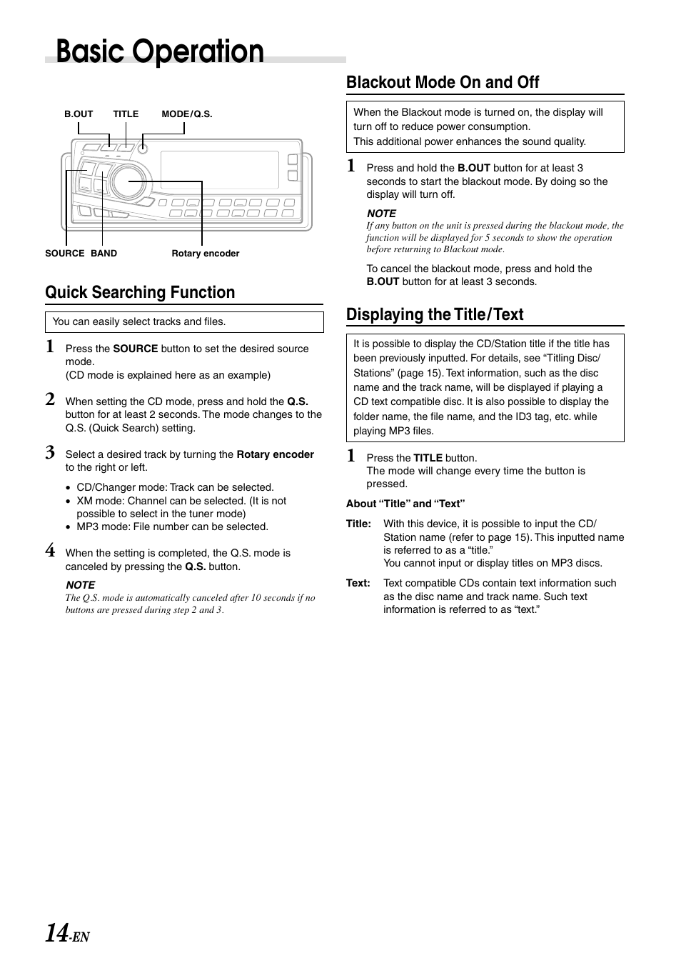 Quick searching function, Basic operation, Blackout mode on and off | Displaying the title/text | Alpine CDA-7998 User Manual | Page 16 / 52