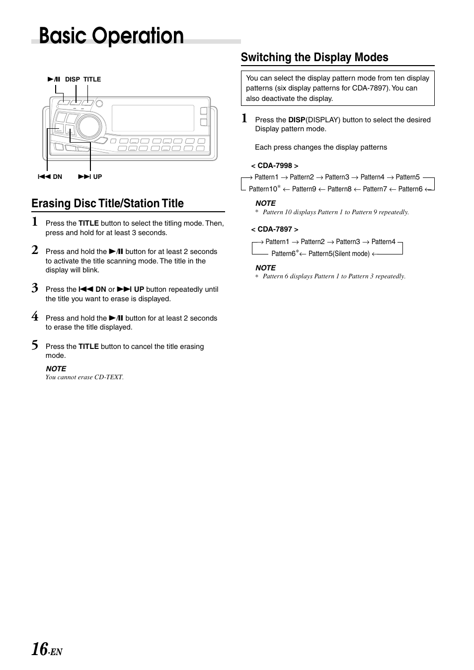 Switching the display modes, Basic operation, Erasing disc title/station title | Alpine CDA-7998 User Manual | Page 18 / 52