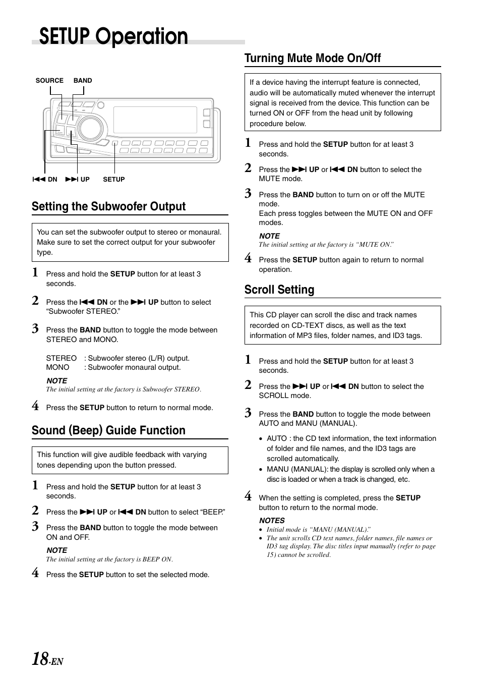 Subwoofer output, Setup operation, Setting the subwoofer output | Sound (beep) guide function, Turning mute mode on/off, Scroll setting | Alpine CDA-7998 User Manual | Page 20 / 52