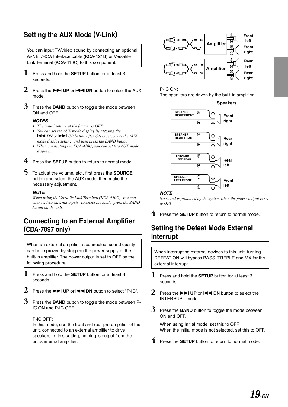 Aux mode, Connecting to an external amplifier, Setting the aux mode (v-link) | Setting the defeat mode external interrupt, Cda-7897 only) | Alpine CDA-7998 User Manual | Page 21 / 52