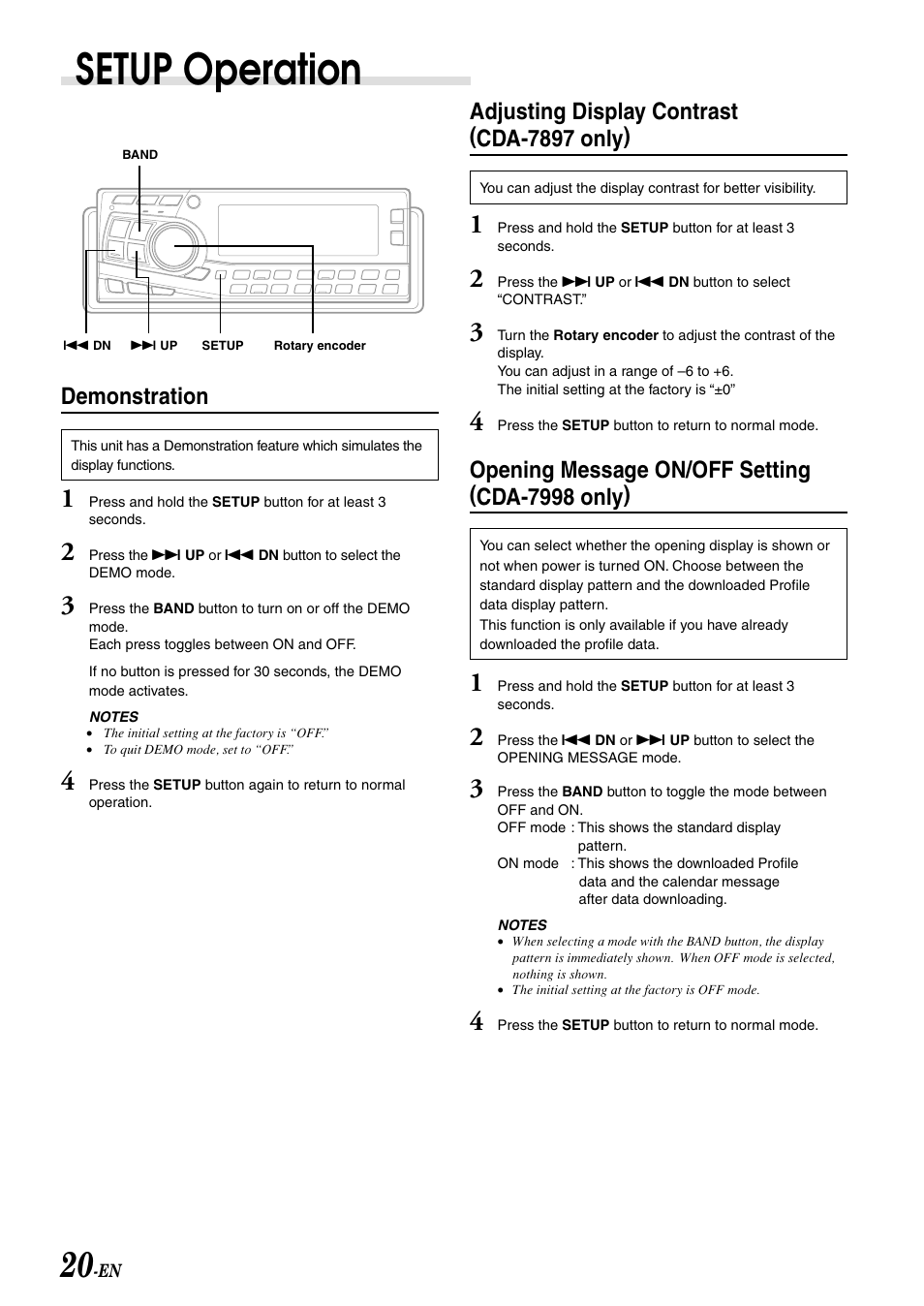 Demonstration, Adjusting display contrast, Setup operation | Adjusting display contrast (cda-7897 only), Opening message on/off setting (cda-7998 only) | Alpine CDA-7998 User Manual | Page 22 / 52
