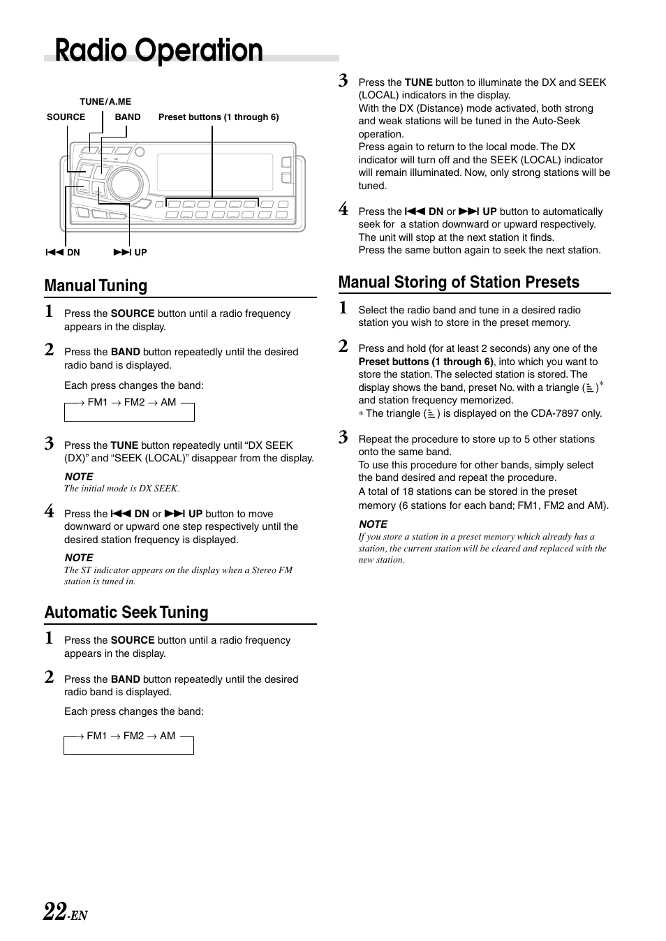 Storing of station presets, Radio operation, Manual tuning | Automatic seek tuning, Manual storing of station presets | Alpine CDA-7998 User Manual | Page 24 / 52