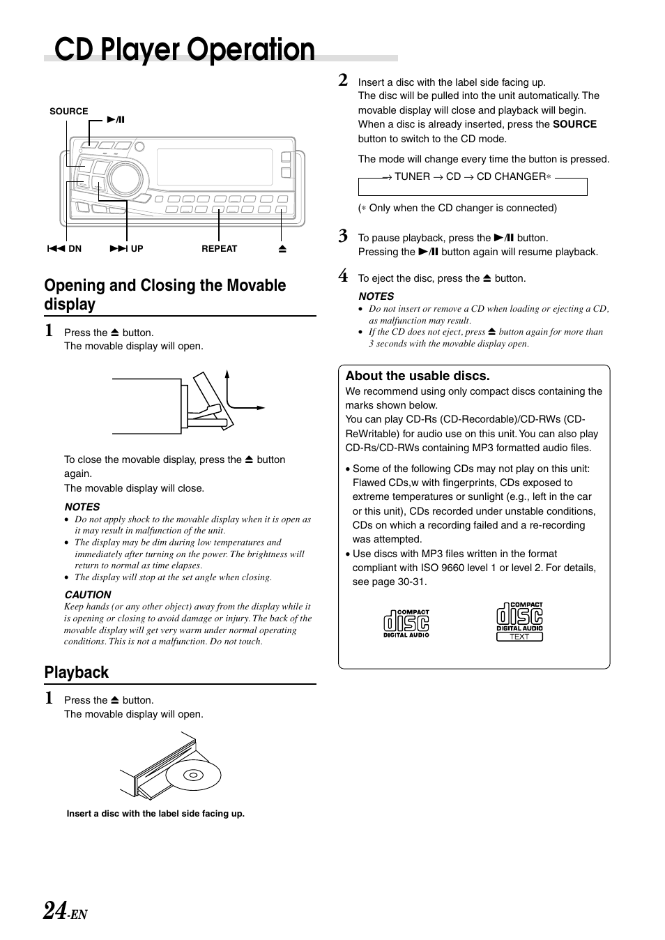 Cd player operation, Opening and closing the movable display, Playback | Alpine CDA-7998 User Manual | Page 26 / 52