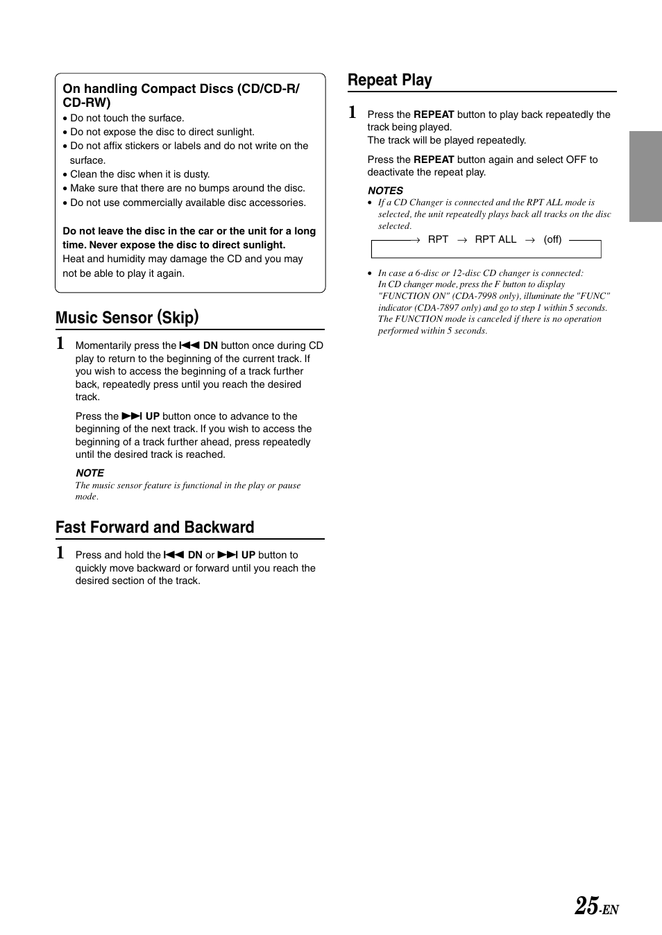 Repeat play, Music sensor (skip), Fast forward and backward | Alpine CDA-7998 User Manual | Page 27 / 52