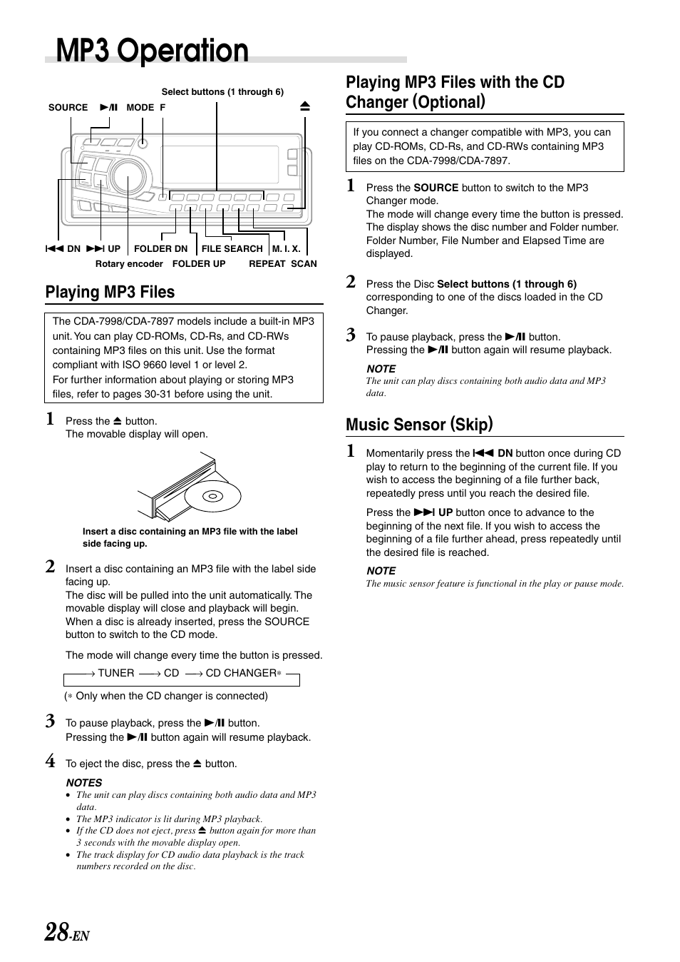 Playing mp3 files, Mp3 operation, Playing mp3 files with the cd changer (optional) | Music sensor (skip) | Alpine CDA-7998 User Manual | Page 30 / 52