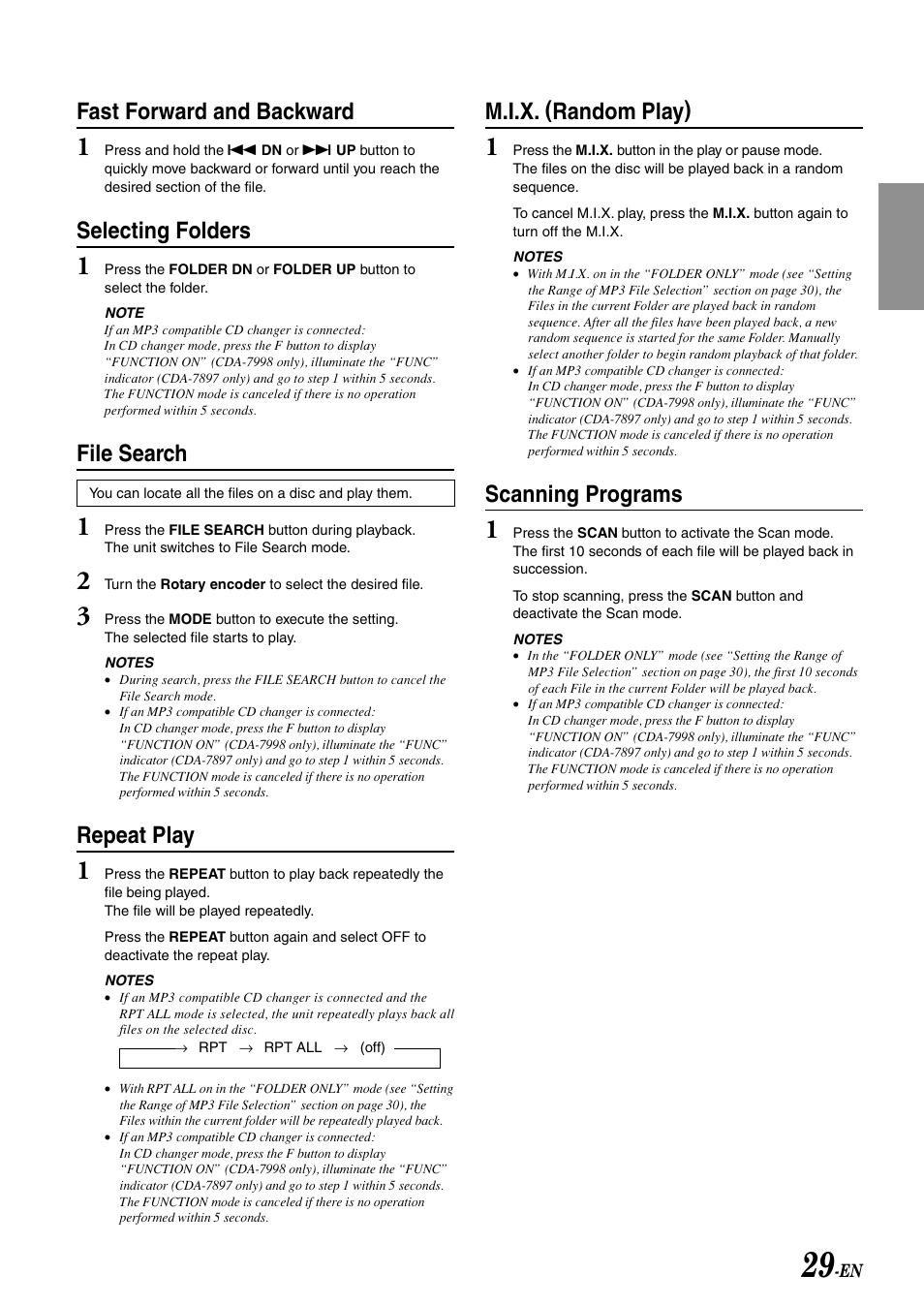 Repeat play, M.i.x. (random play), Scanning programs | Fast forward and backward, Selecting folders, File search | Alpine CDA-7998 User Manual | Page 31 / 52