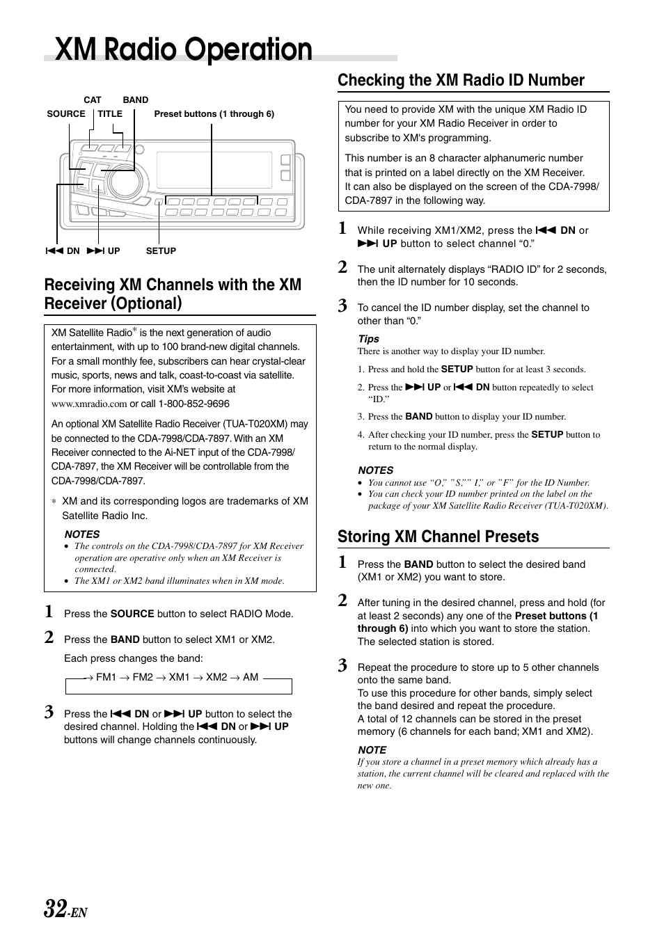 Receiving xm channels, Xm radio operation, Checking the xm radio id number | Storing xm channel presets | Alpine CDA-7998 User Manual | Page 34 / 52