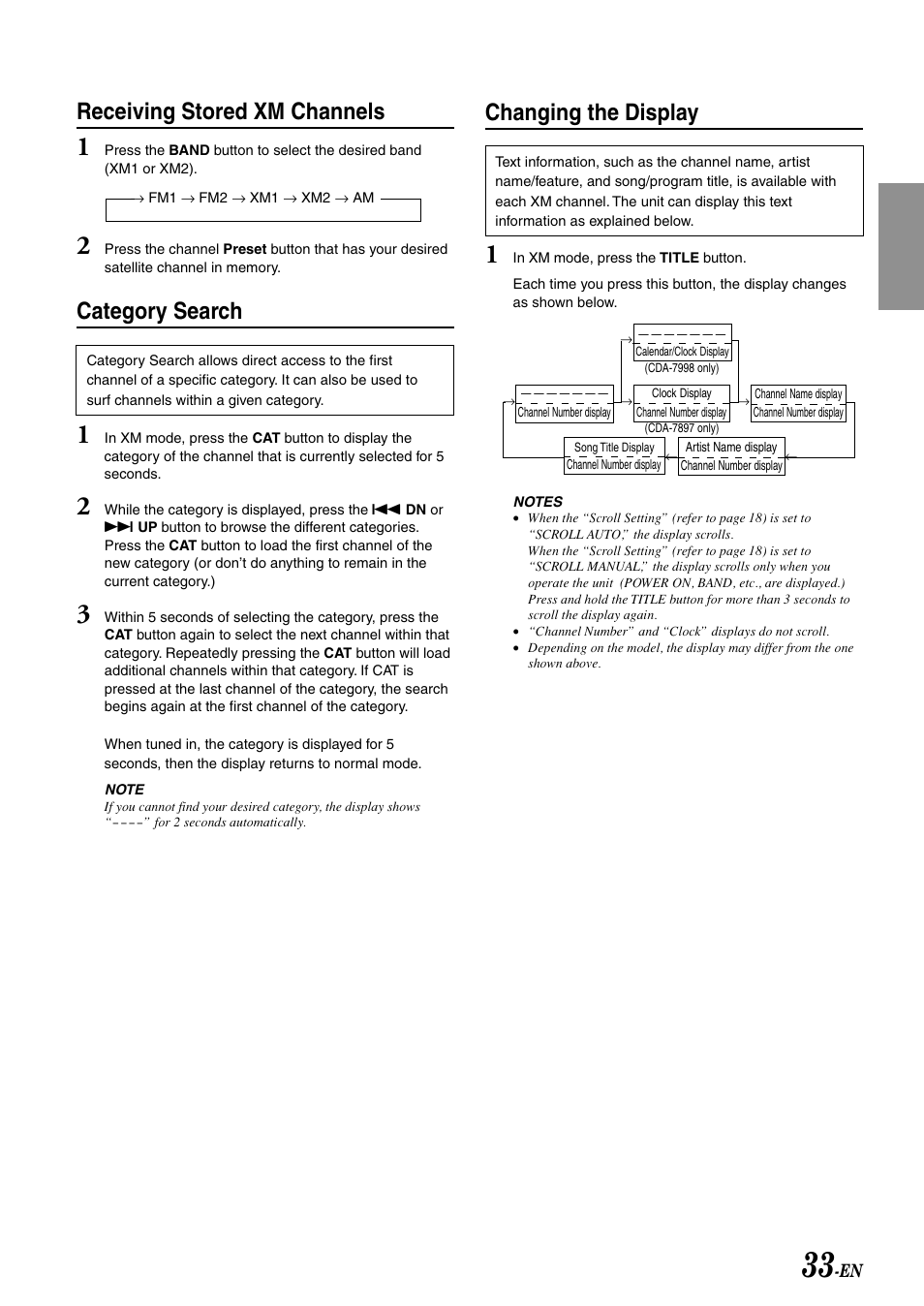 Receiving stored xm channels, Category search, Changing the display | Alpine CDA-7998 User Manual | Page 35 / 52