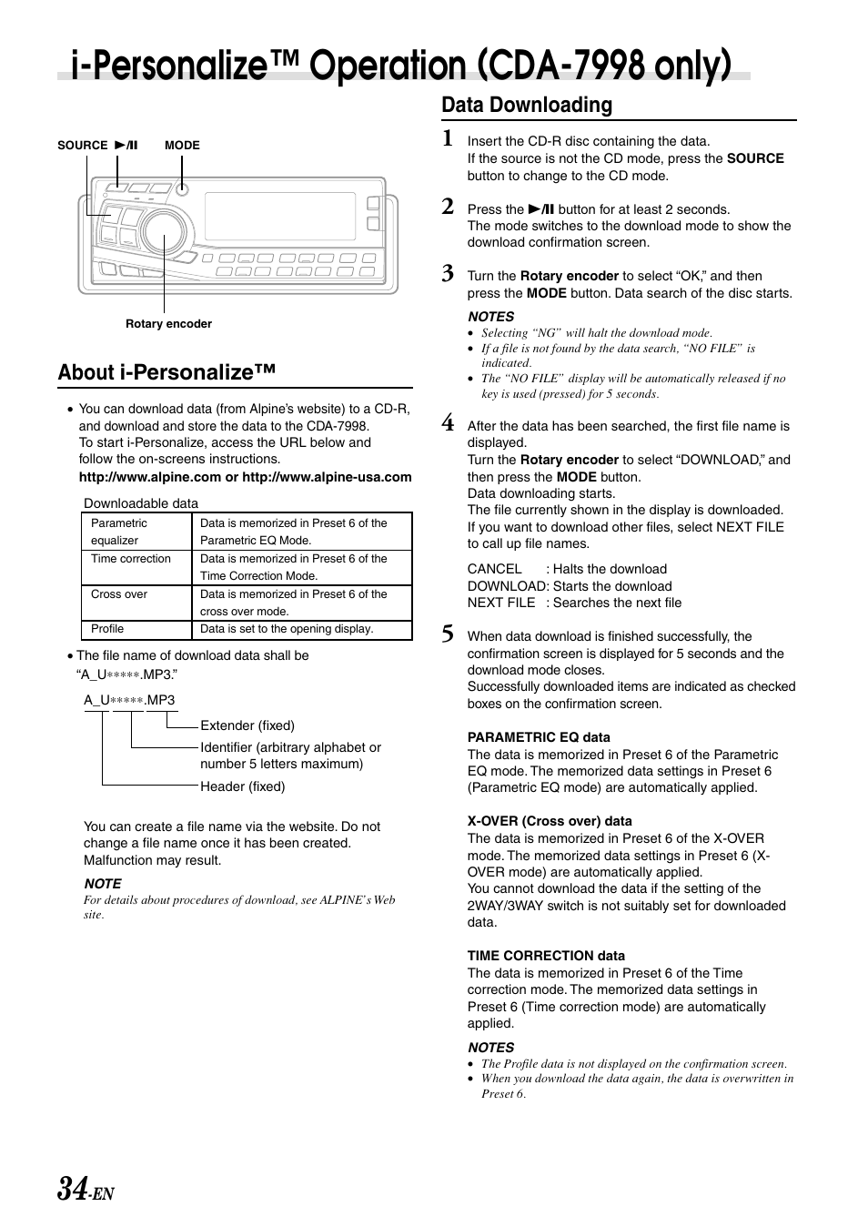 I-personalize, I-personalize™ operation (cda-7998 only), Data downloading | About i-personalize | Alpine CDA-7998 User Manual | Page 36 / 52