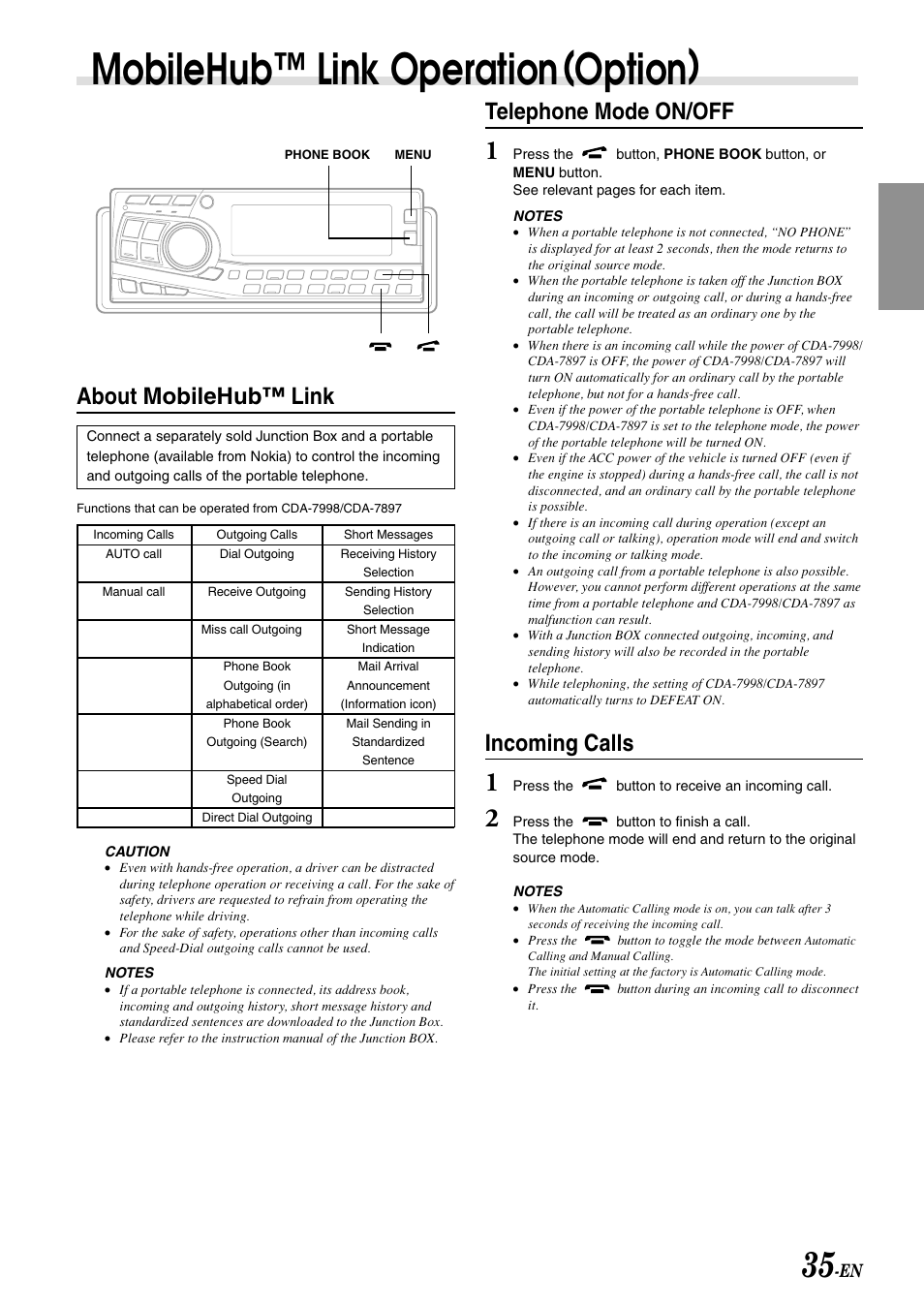 Mobilehub™ link operation(option), About mobilehub™ link, Telephone mode on/off | Incoming calls | Alpine CDA-7998 User Manual | Page 37 / 52