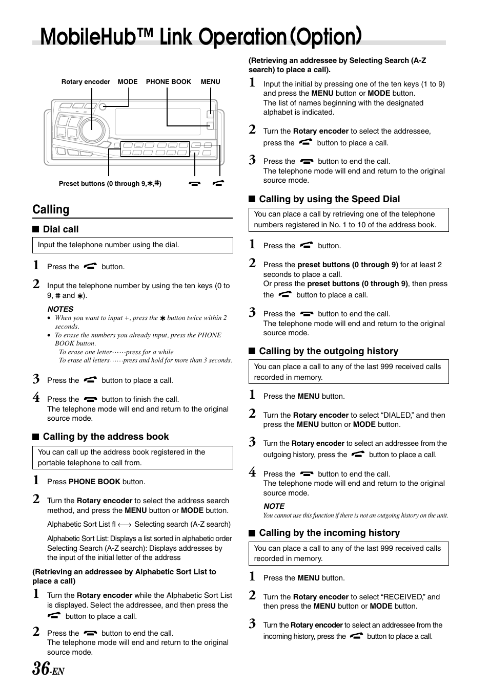 Mobilehub, Mobilehub™ link operation(option), Calling | Alpine CDA-7998 User Manual | Page 38 / 52