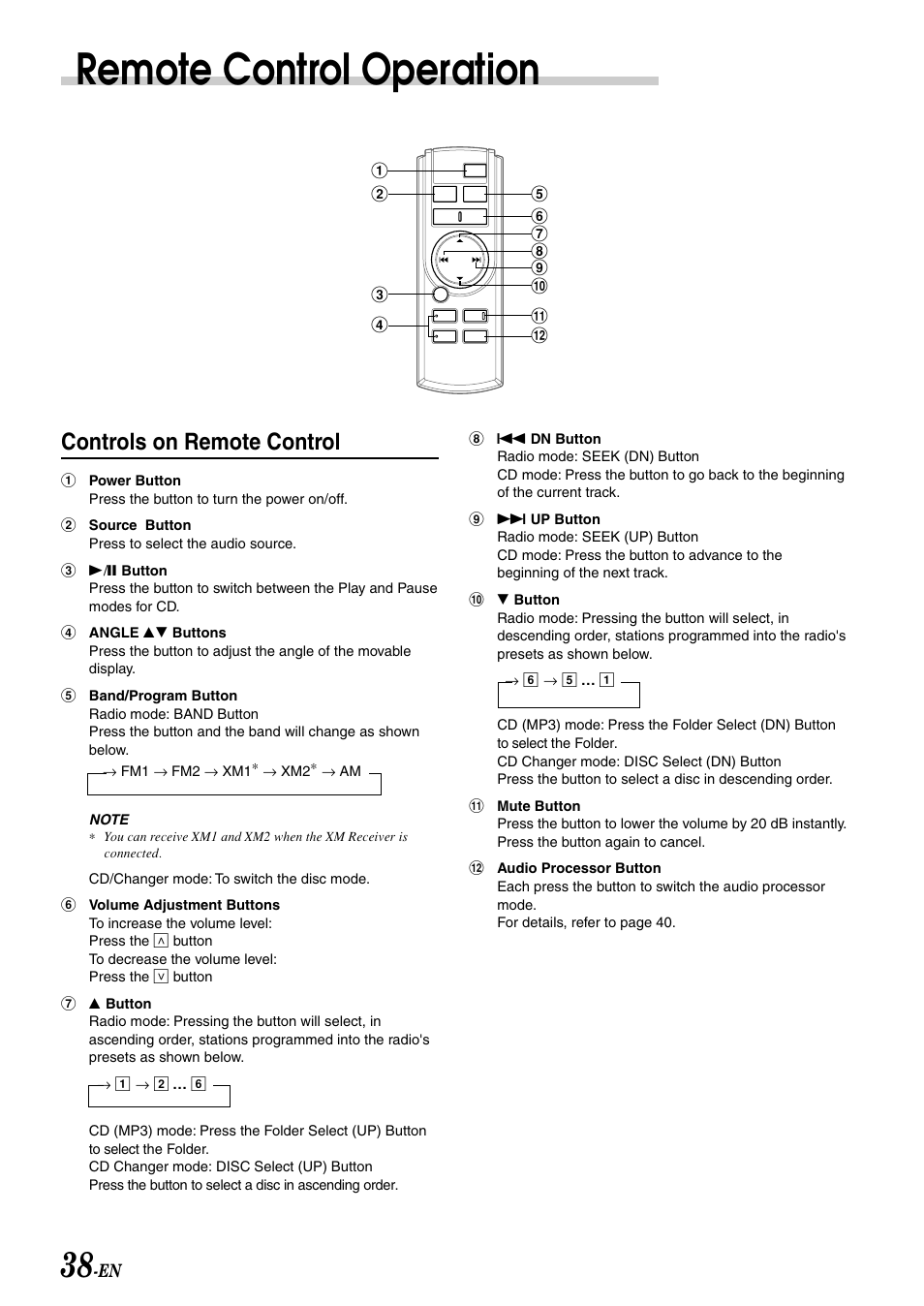 Remote control, Remote control operation, Controls on remote control | Alpine CDA-7998 User Manual | Page 40 / 52